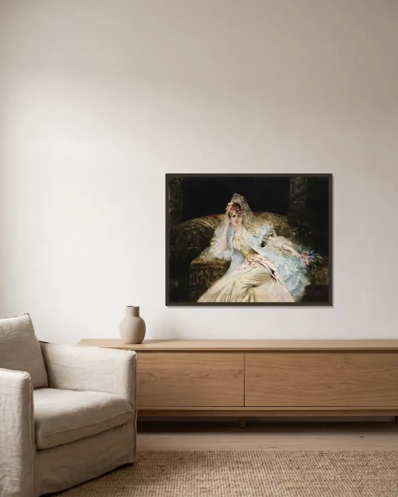 Dam med mantilla av Georges Jules Victor Clairin inramad på en vägg
