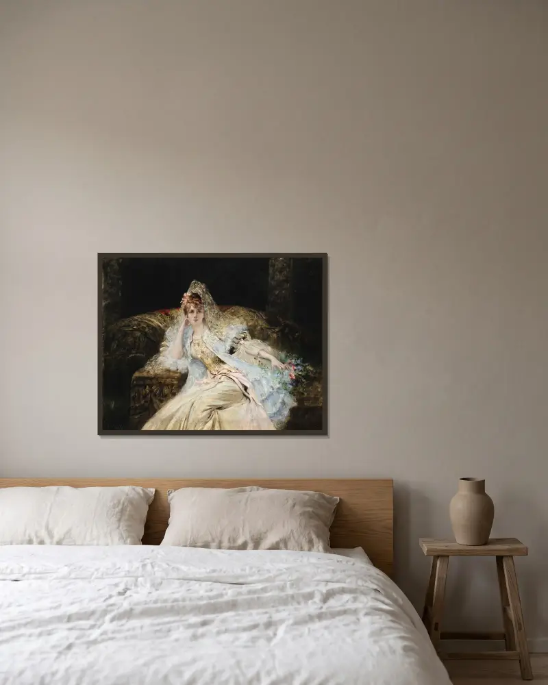 Dam med mantilla av Georges Jules Victor Clairin inramad på en vägg
