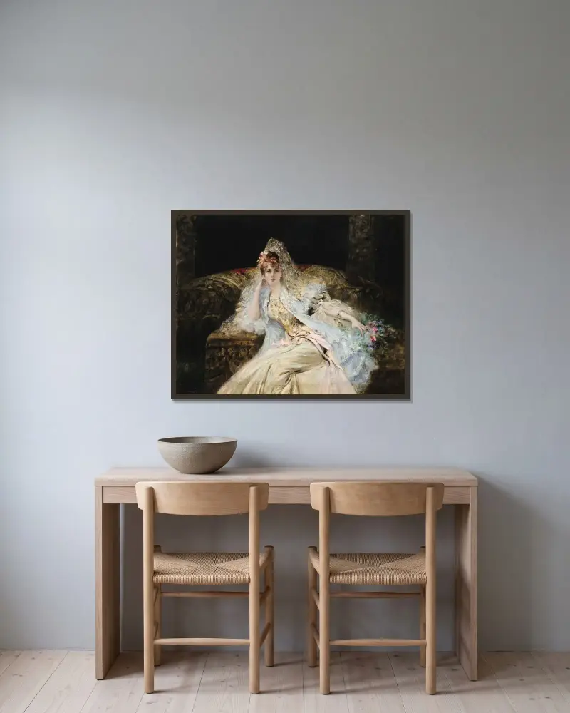 Dam med mantilla av Georges Jules Victor Clairin inramad på en vägg