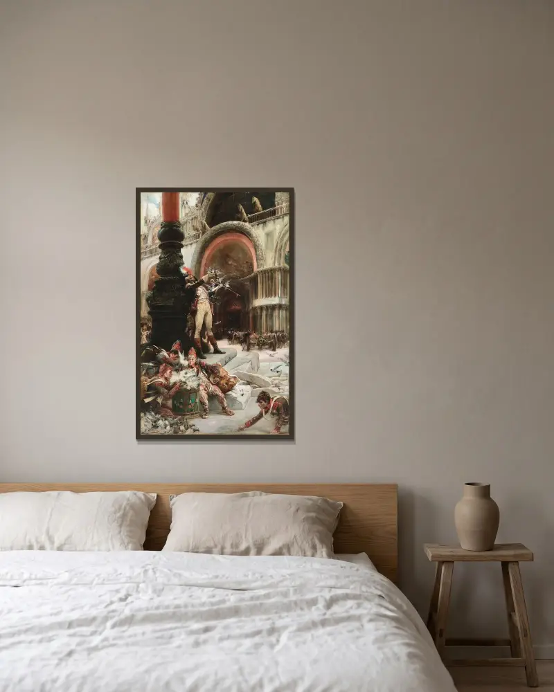 Tambour-major der französischen Armee, der den Tauben auf dem Markusplatz in Venedig zu fressen gibt von Georges Jules Victor Clairin gerahmt an einer Wand