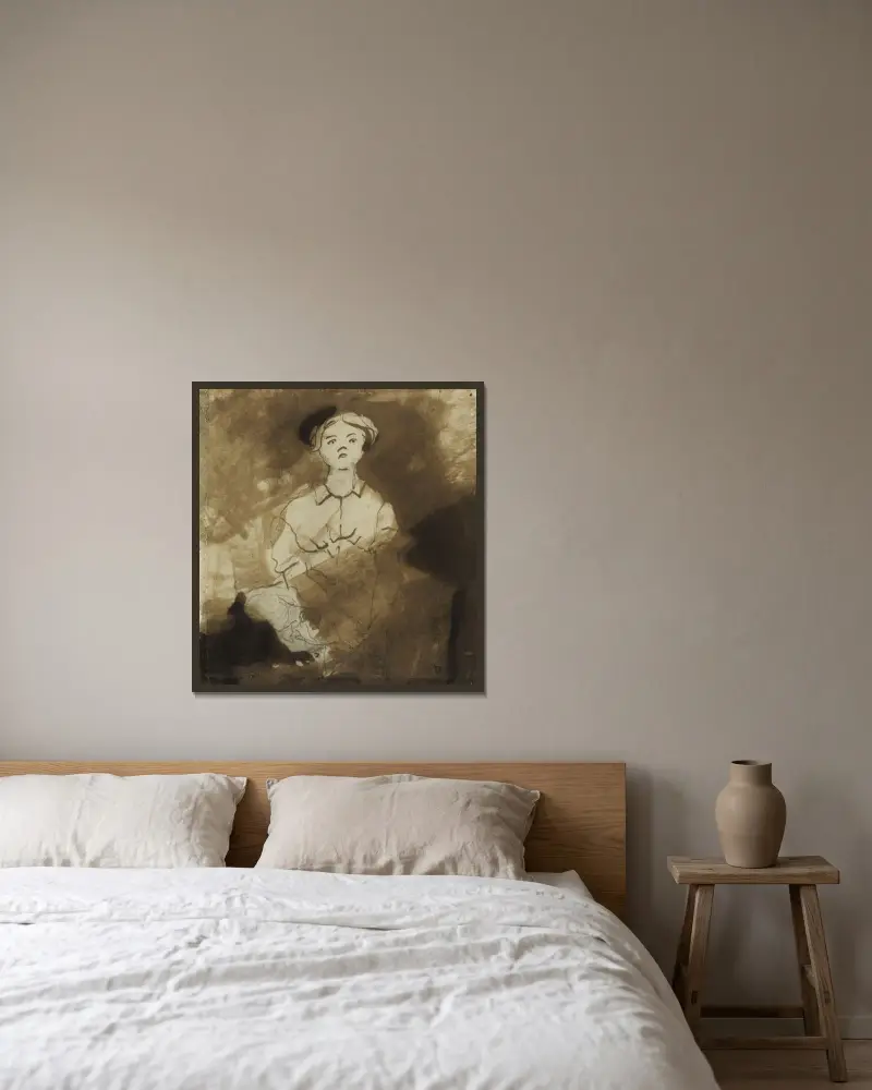Sittande kvinna framifrån av Victor Hugo inramad på en vägg