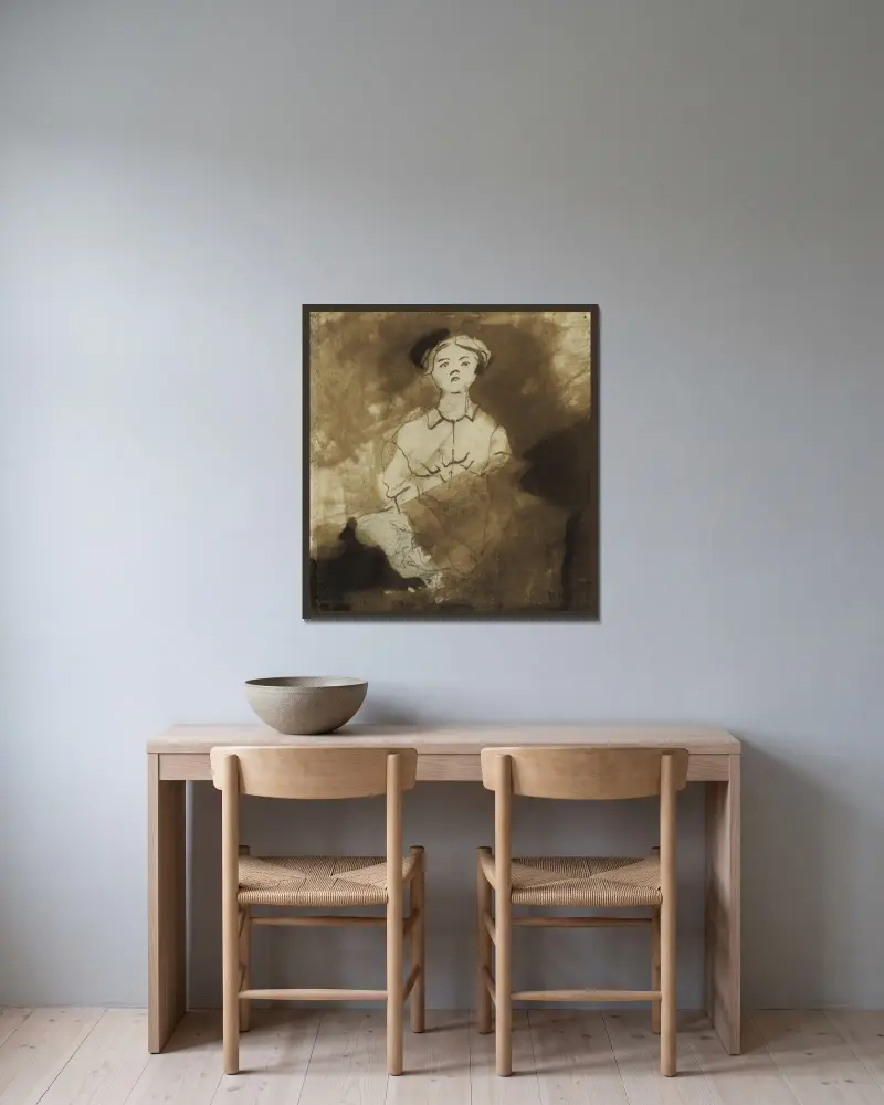 Sittande kvinna framifrån av Victor Hugo inramad på en vägg