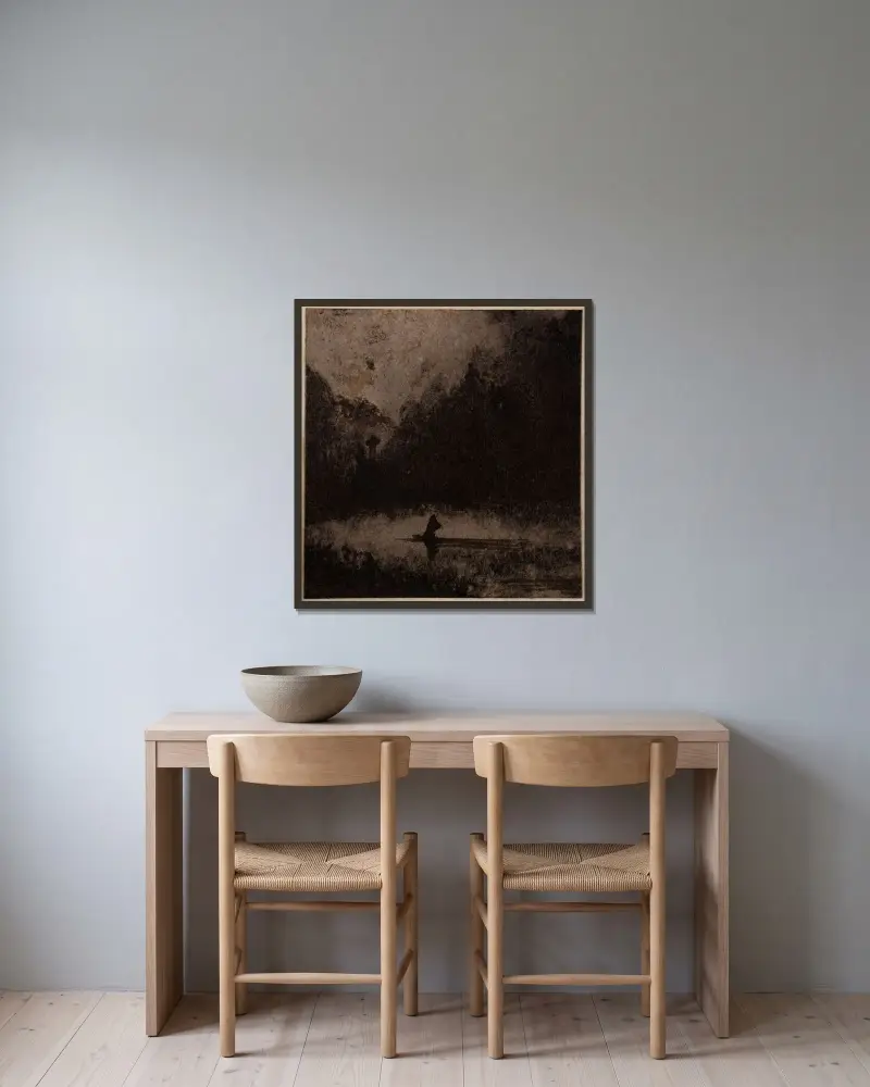 Liten båt på en sjö av Victor Hugo inramad på en vägg