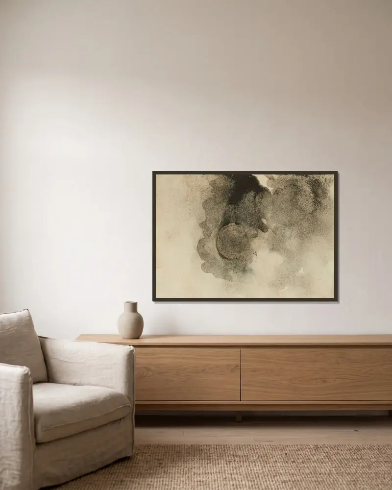 Ohne Titel Wolken und Sonne, Münzabdruck Schwarze Sonne von Victor Hugo gerahmt an einer Wand