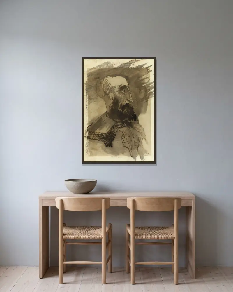 Skäggigt manshuvud av Victor Hugo inramad på en vägg