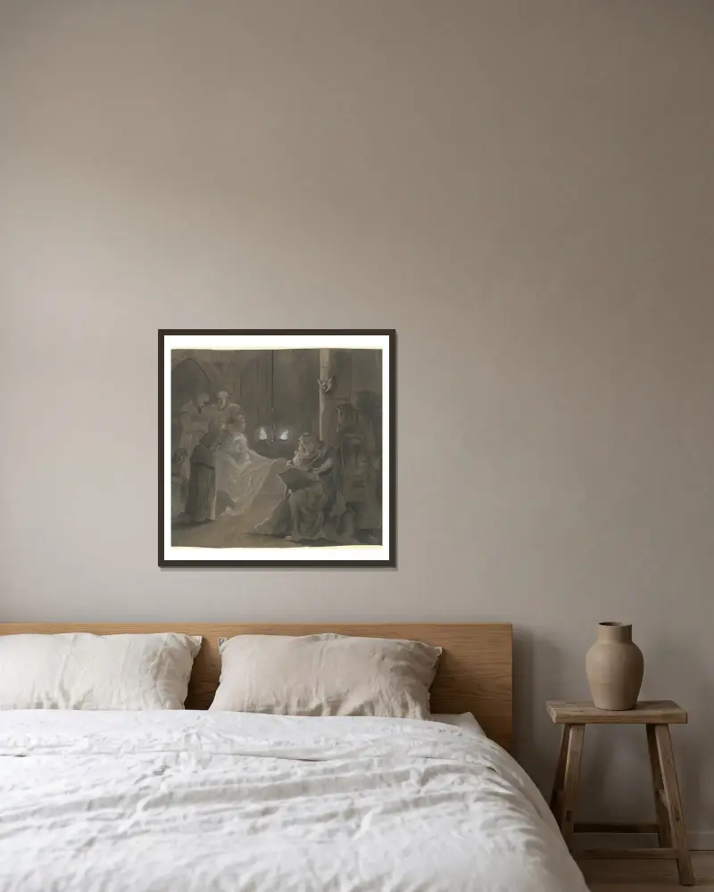 Bärtiger Maler am Totenlager, im Feuerschein einer Lampe einen Sterbenden porträtierend av Victor Müller inramad på en vägg
