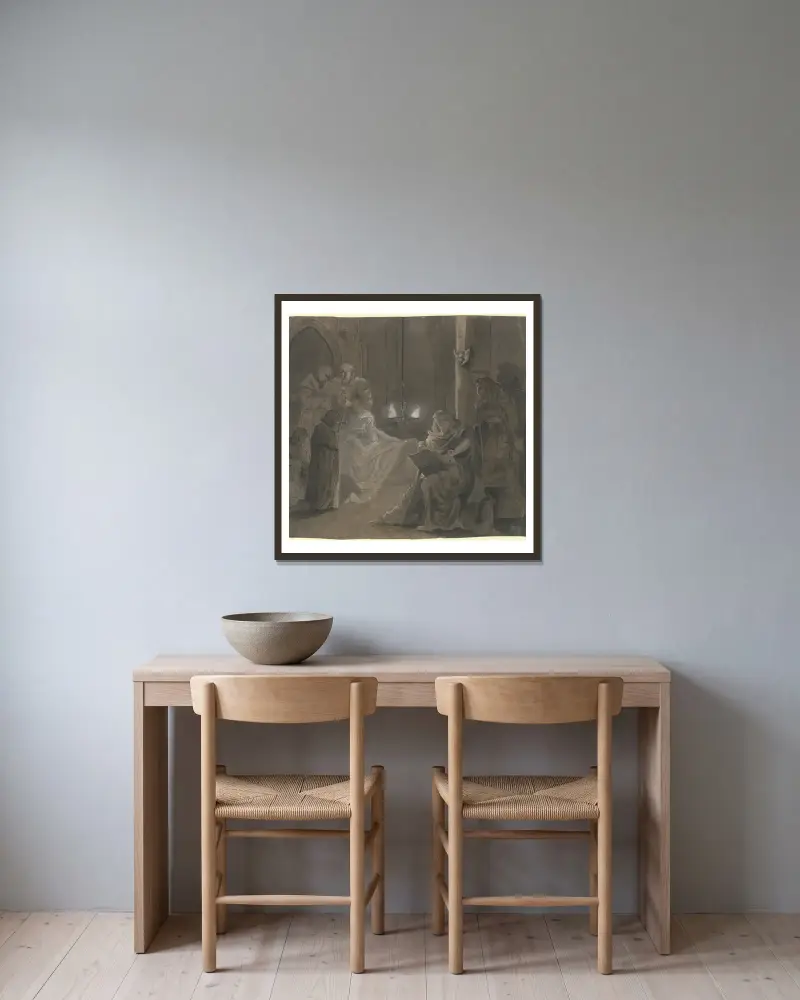 Bärtiger Maler am Totenlager, im Feuerschein einer Lampe einen Sterbenden porträtierend av Victor Müller inramad på en vägg