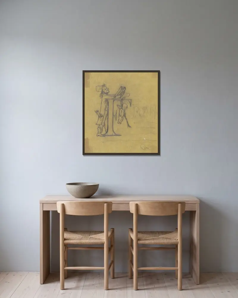 Humloristisk initial F; läsande lärd med en hängd putto på sin F-formade pulpet av Victor Müller inramad på en vägg