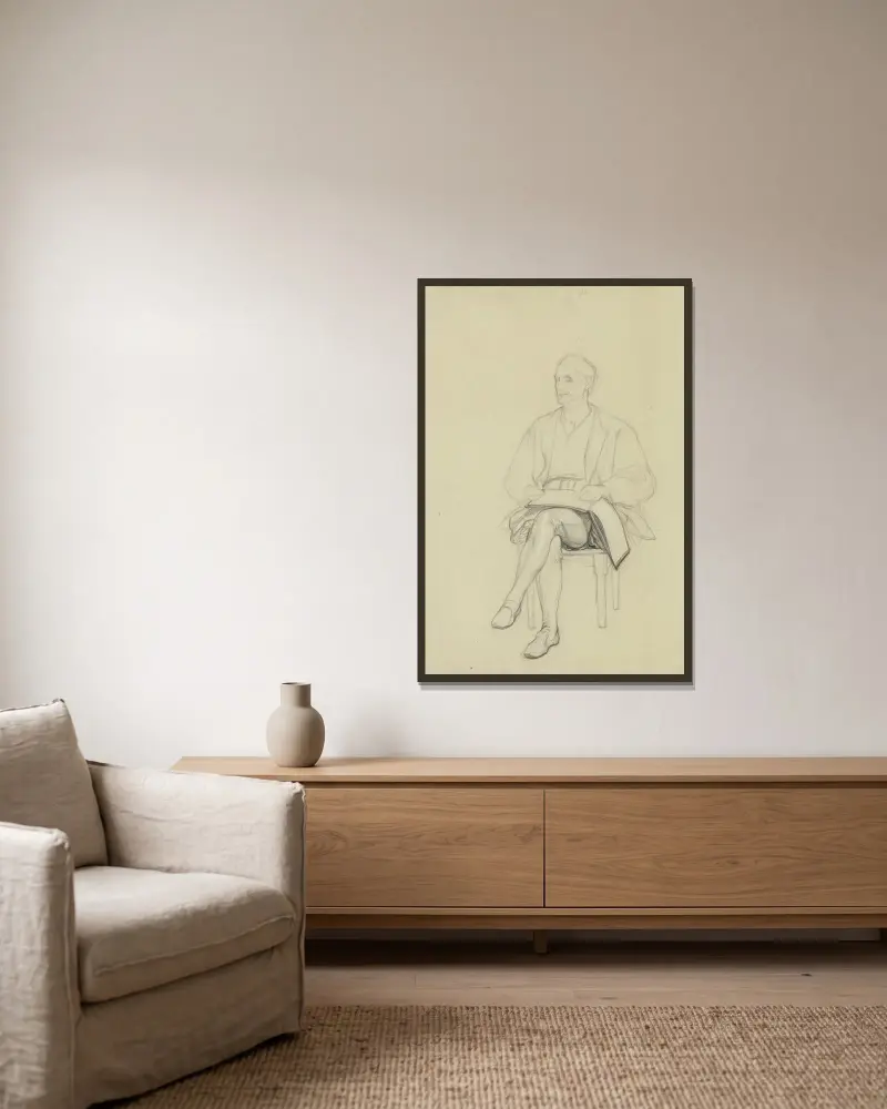 Sitzender Hartmut aus „Ritter Hartmut von Kronberg bei dem Reformator Oecolampadius in Basel“ von Victor Müller gerahmt an einer Wand