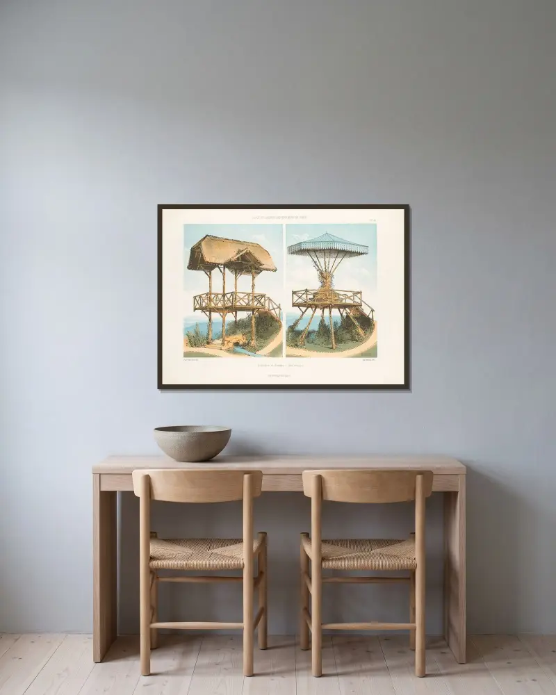 Aussichtspavillon und Kiosk (rustikales Genre) von Victor Petit gerahmt an einer Wand