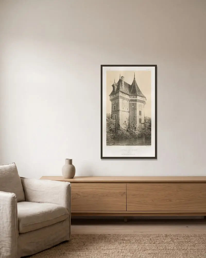 Schloss Tévray (Eure) von Victor Petit gerahmt an einer Wand