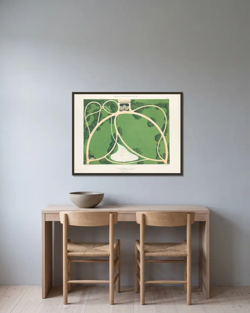 Großer Landschaftsgarten (ländliche Szene) von Victor Petit gerahmt an einer Wand