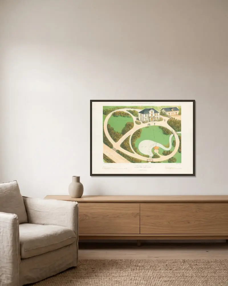 Englischer Garten in einem Tal – Nr. 2 von Victor Petit gerahmt an einer Wand