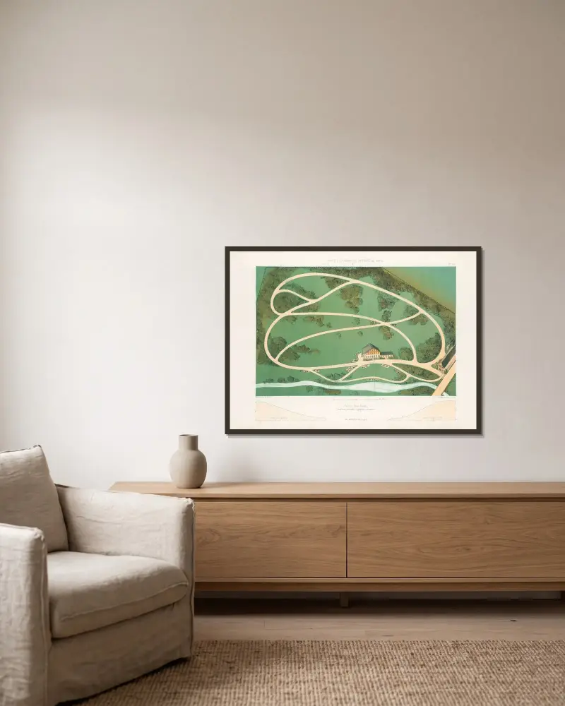 Park (Schweizer Genre) in einem Tal von Victor Petit gerahmt an einer Wand