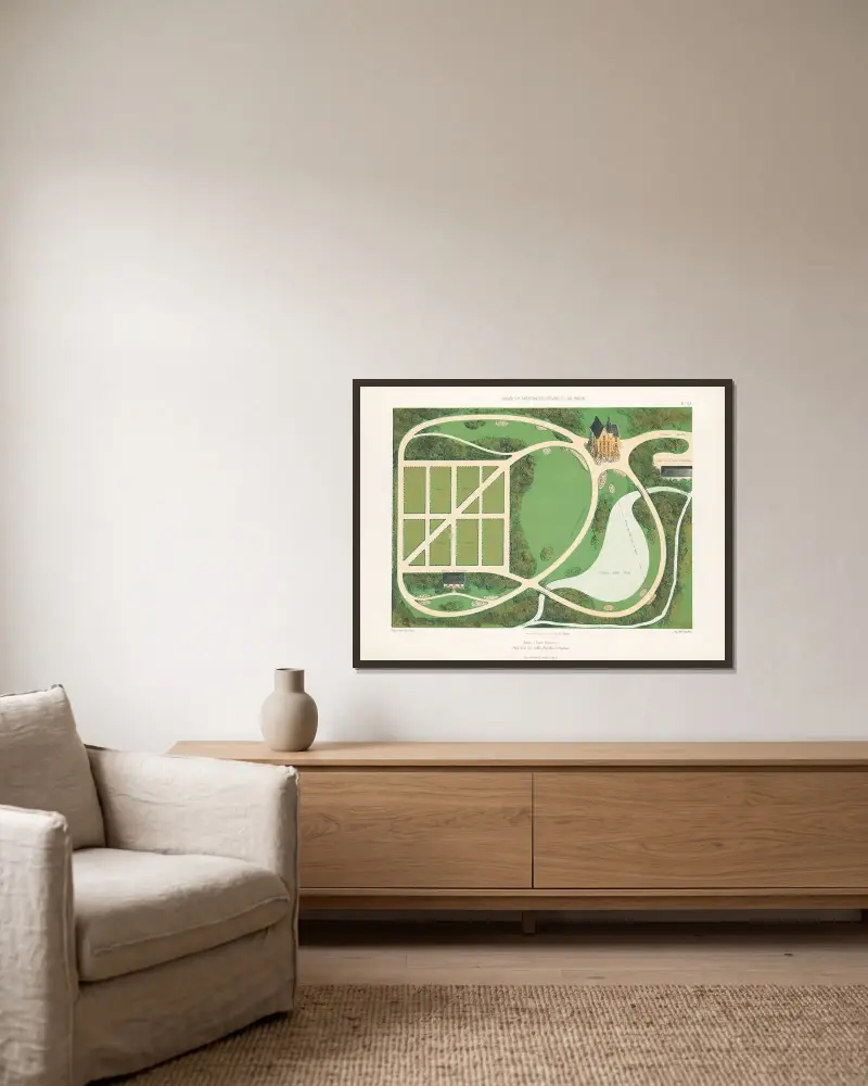 Park (deutscher Stil) in einem Tal – Nr. 2 von Victor Petit gerahmt an einer Wand