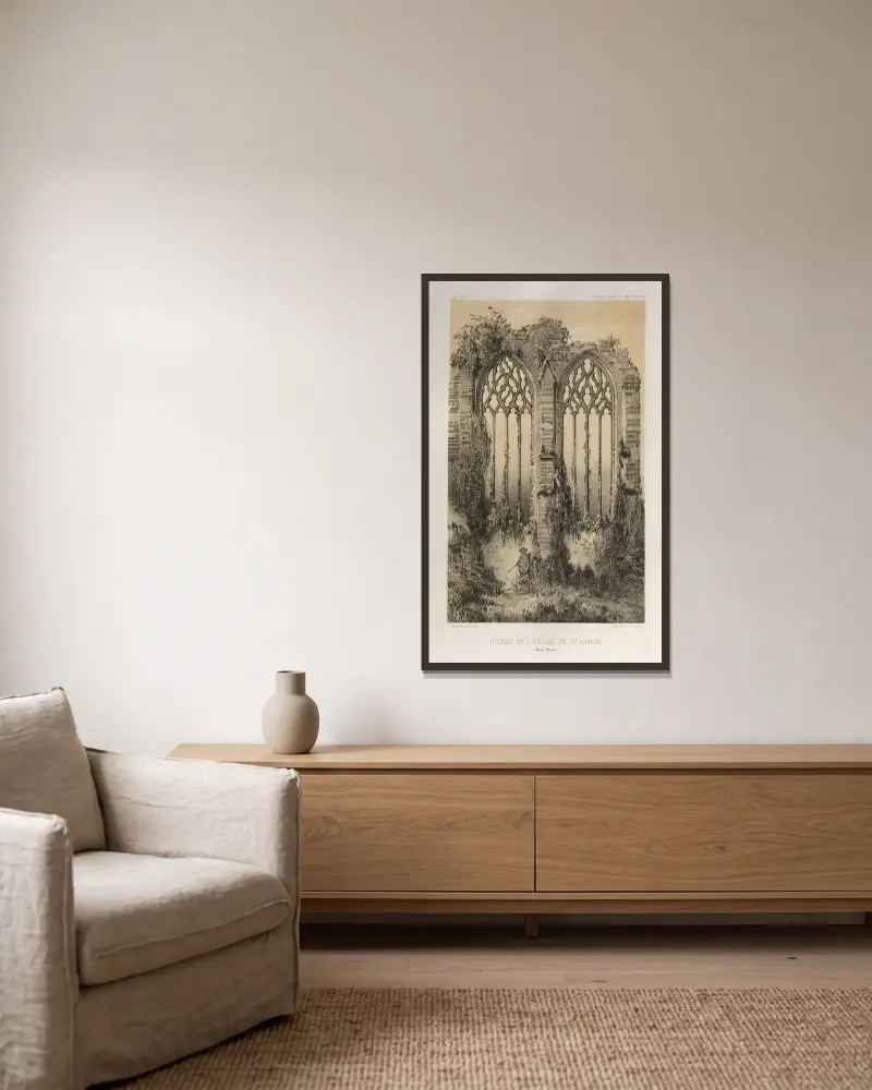 Ruine der Kirche von St. Aubert (Haute-Marne) von Victor Petit gerahmt an einer Wand