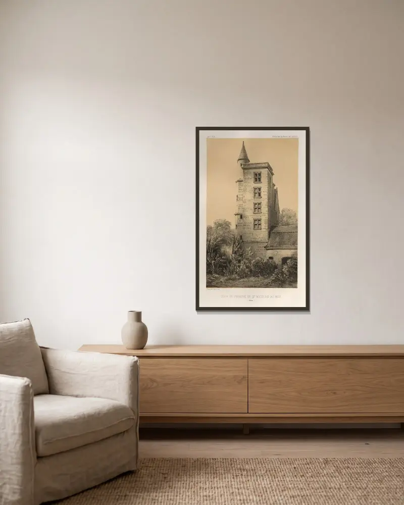 Turm des Priorats von Saint-Nicolas-au-Bois (Aisne) von Victor Petit gerahmt an einer Wand