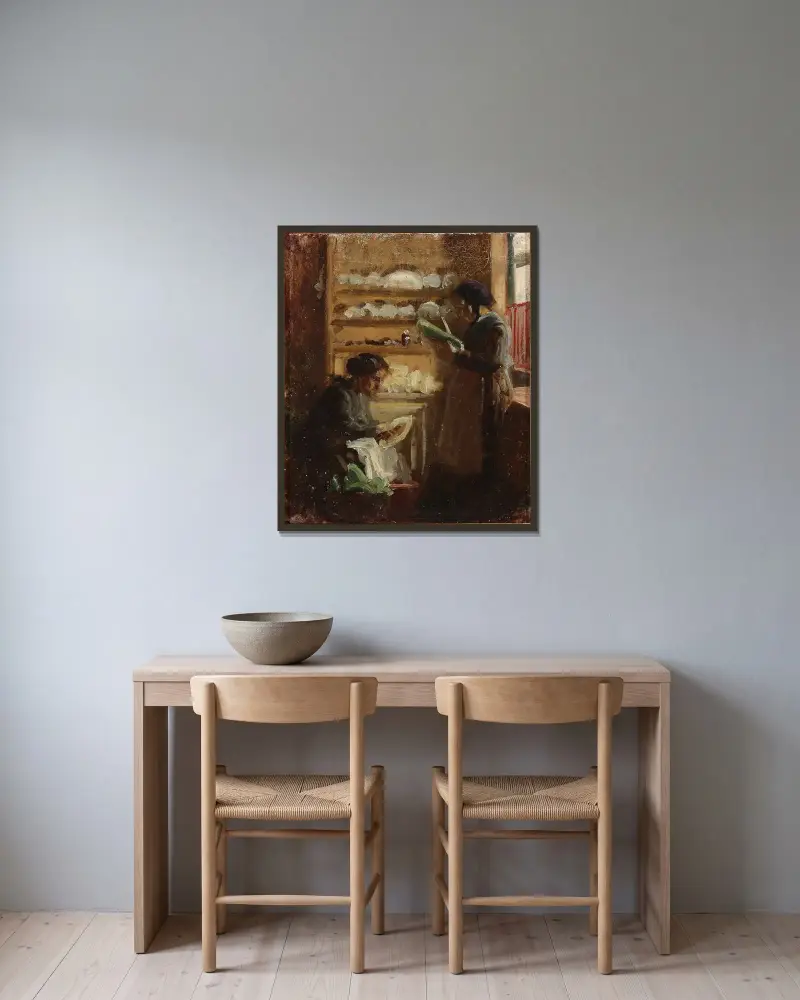 Køkken på Skagen med to figurer av Viggo Johansen inramad på en vägg