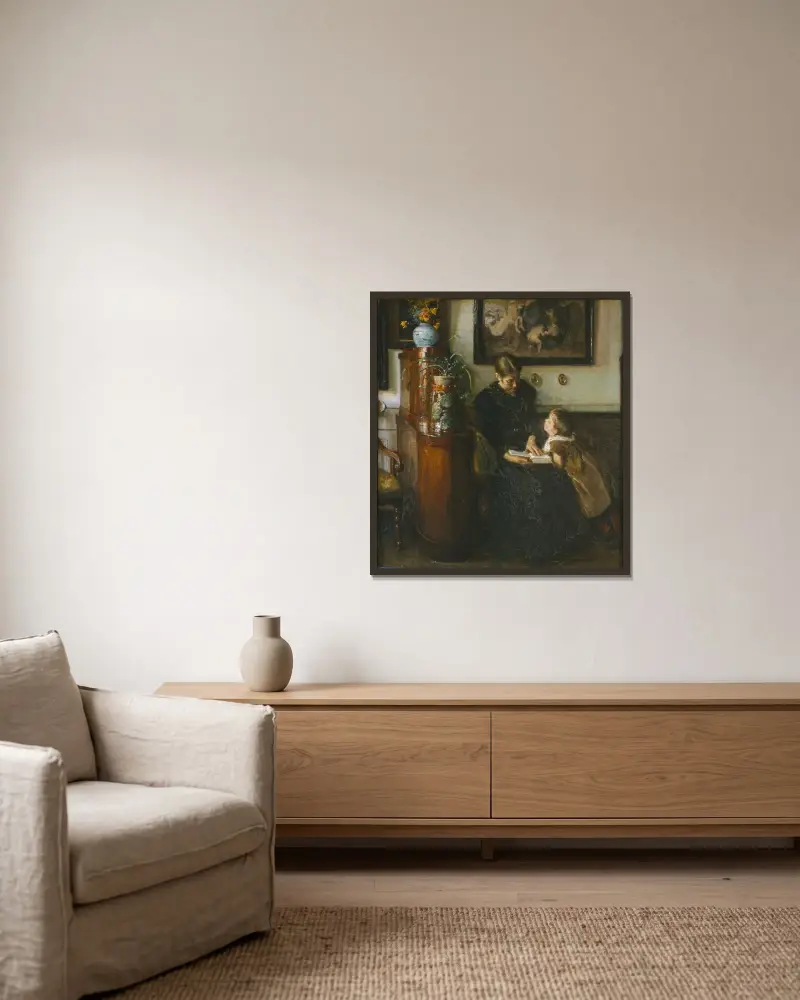 Moder skal læse Kunstnerens hustru og barn av Viggo Johansen inramad på en vägg