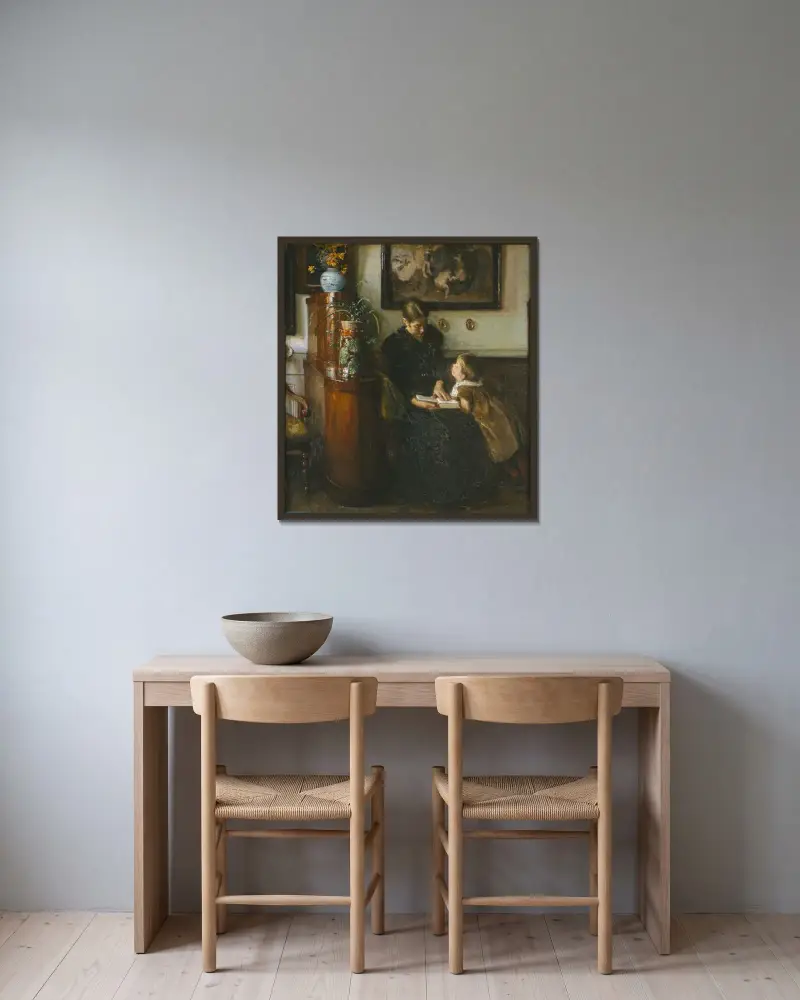 Moder skal læse Kunstnerens hustru og barn av Viggo Johansen inramad på en vägg