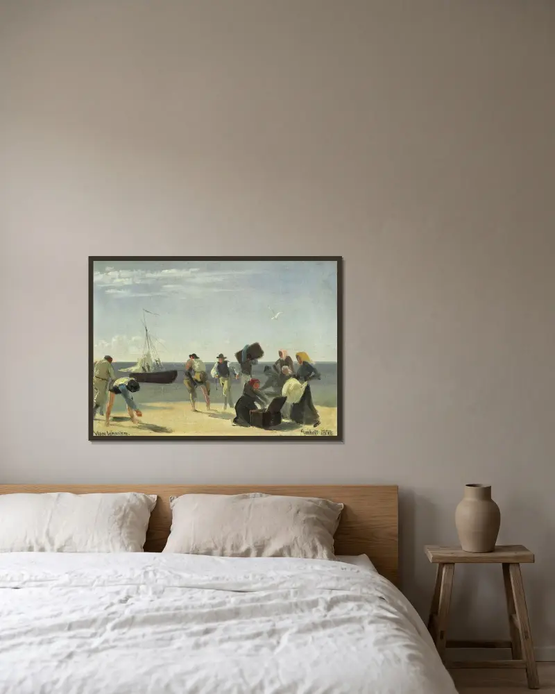 Podróżni z Anholt w drodze z plaży do oczekującego żaglowca, Viggo Johansen w ramie na ścianie