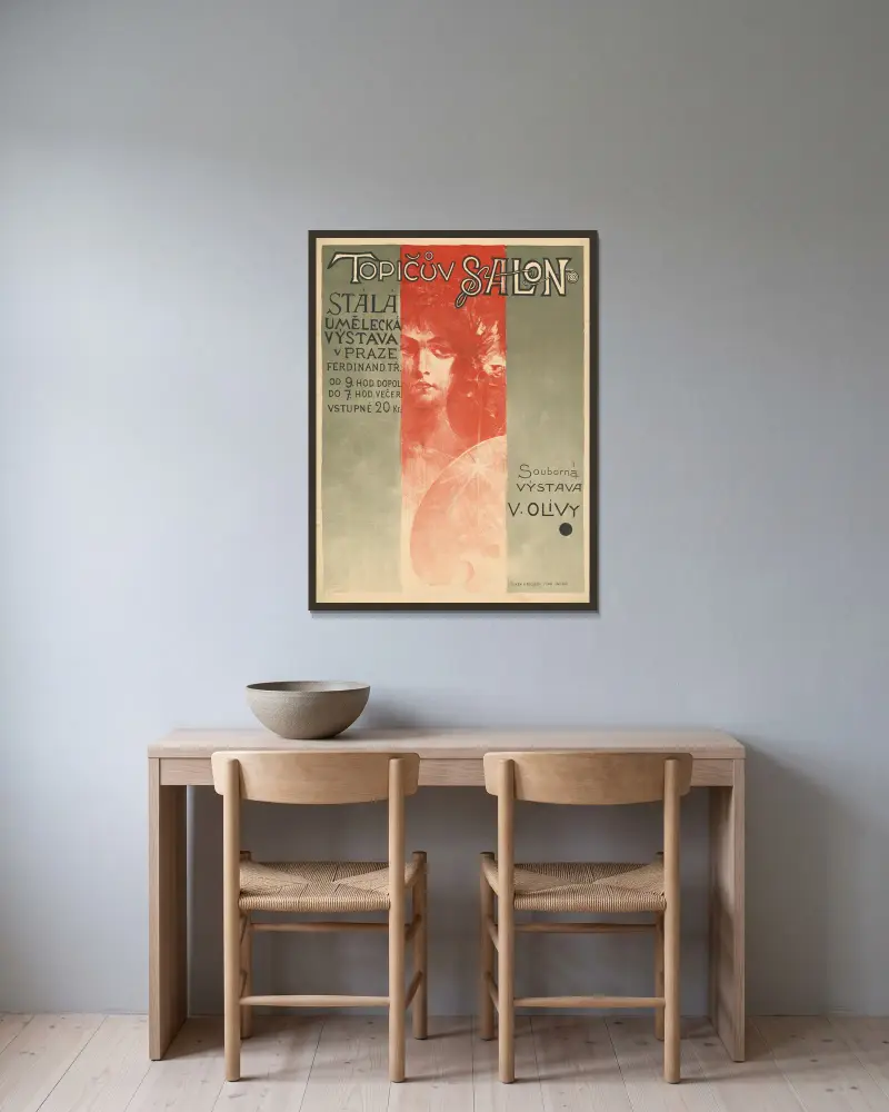 Topičův Salon. Vystava V. OLIVY av Viktor Olíva inramad på en vägg
