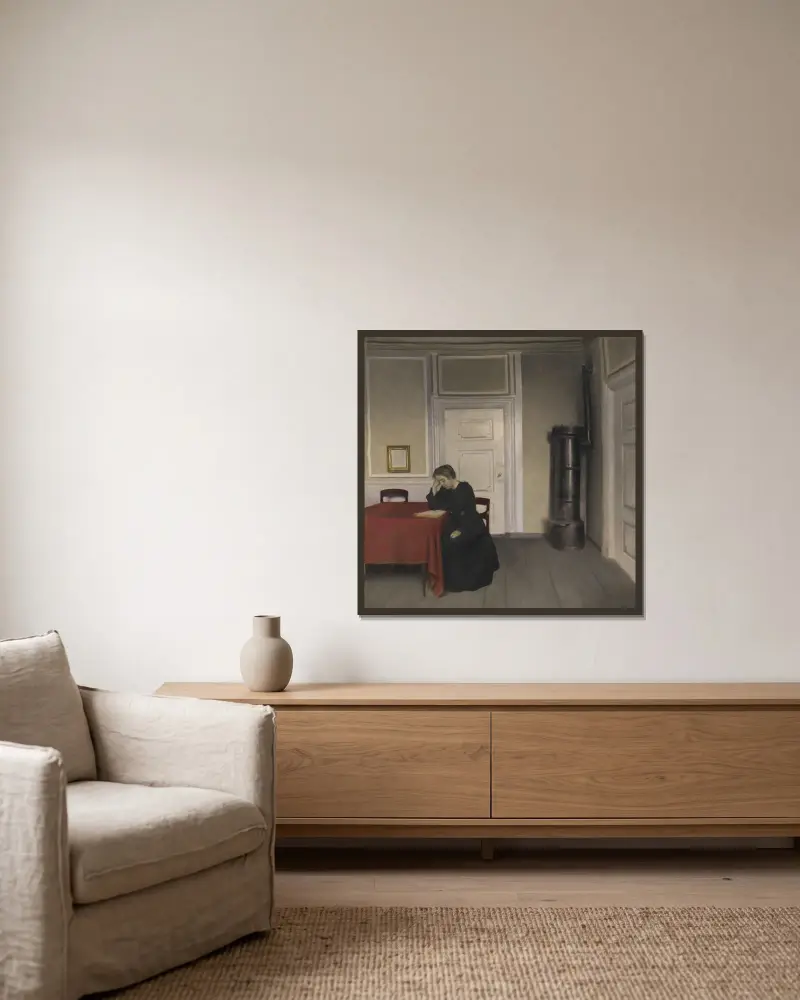 A Room in the Artist’s Home in Strandgade, Copenhagen, with the Artist’s Wife, 1902 av Vilhelm Hammershøi inramad på en vägg