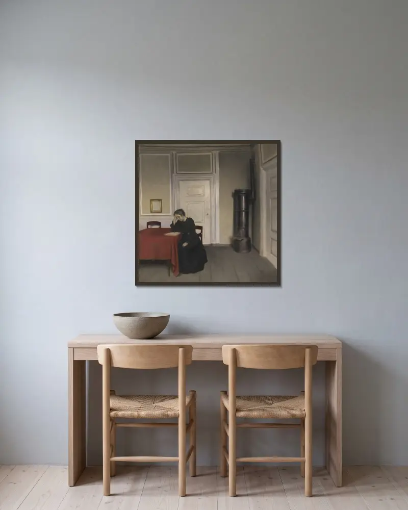 A Room in the Artist’s Home in Strandgade, Copenhagen, with the Artist’s Wife, 1902 av Vilhelm Hammershøi inramad på en vägg