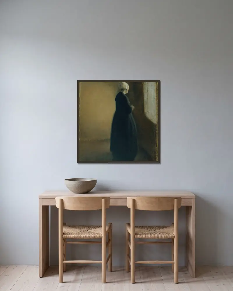 An old woman standing by a window av Vilhelm Hammershøi inramad på en vägg