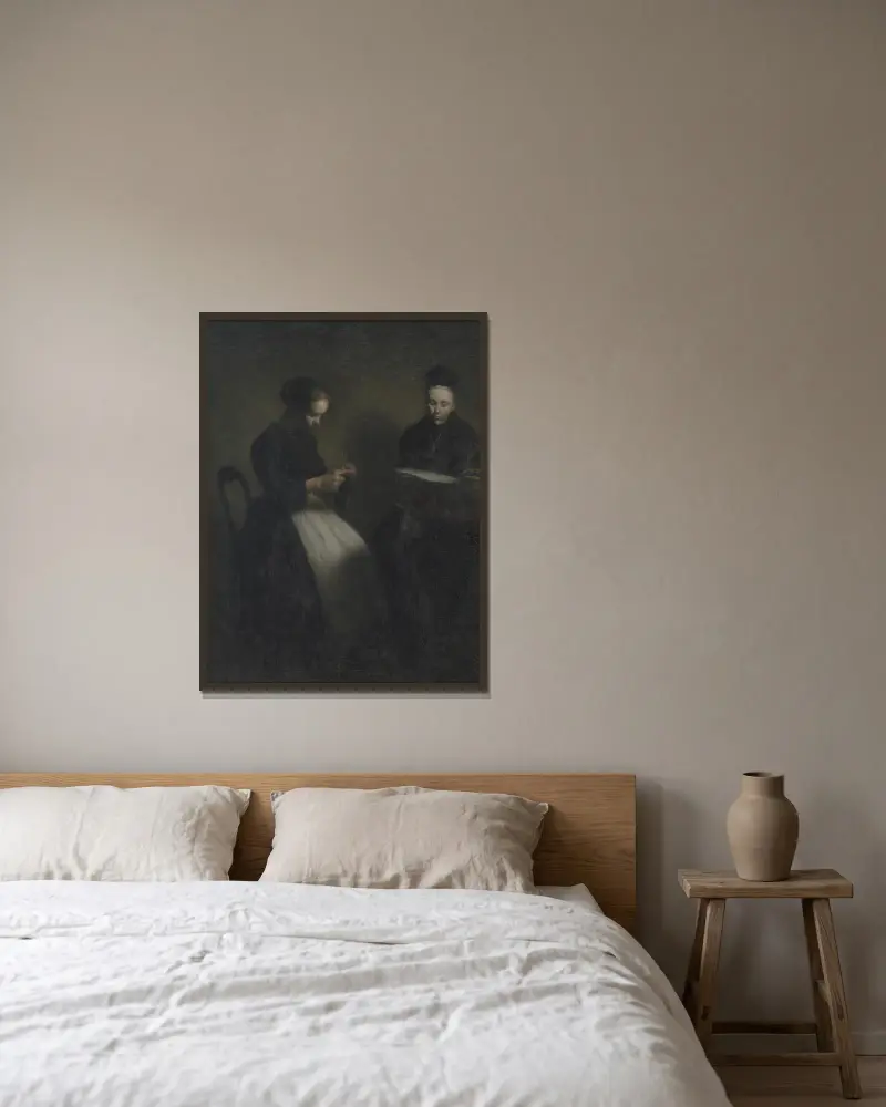 Evening in the Drawing Room. The Artist’s Mother and Wife av Vilhelm Hammershøi inramad på en vägg