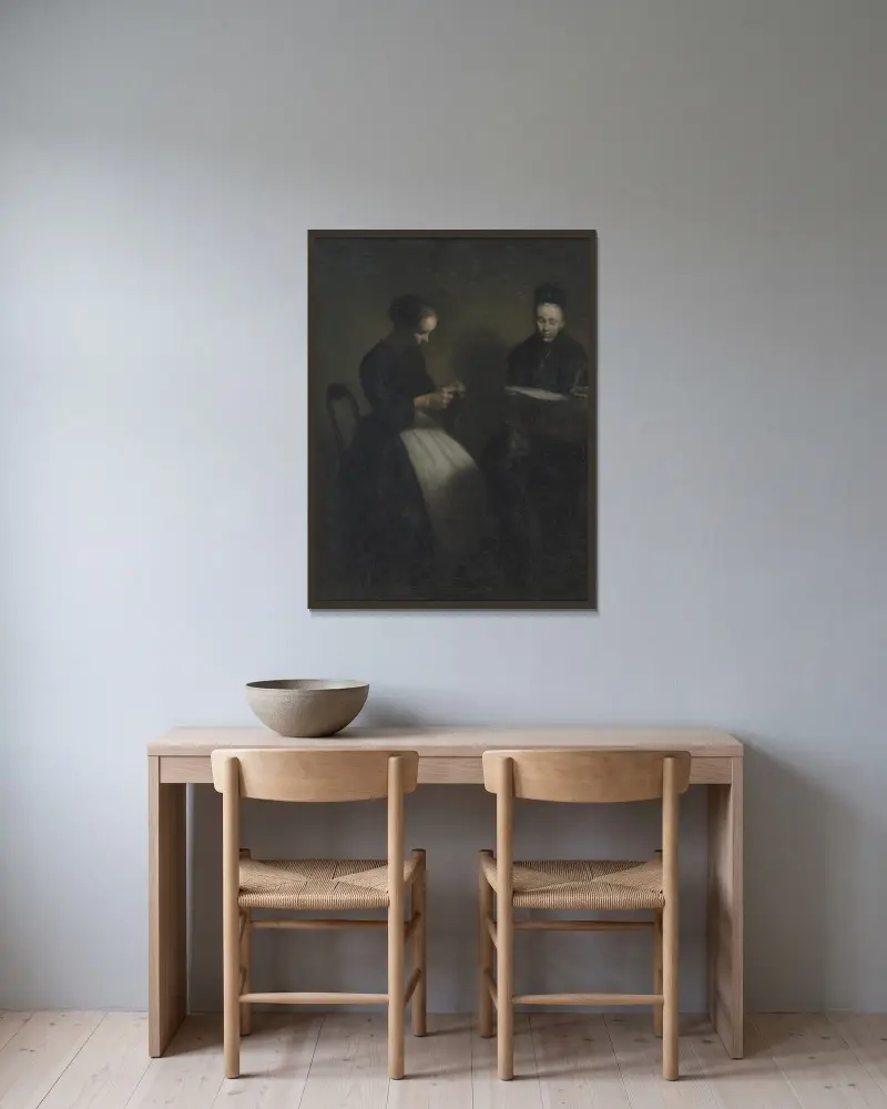 Evening in the Drawing Room. The Artist’s Mother and Wife av Vilhelm Hammershøi inramad på en vägg