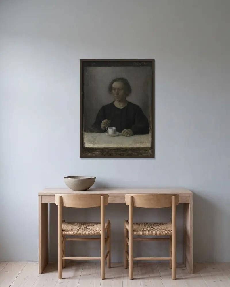 Ida Hammershøi, the Artist’s Wife, with a Teacup av Vilhelm Hammershøi inramad på en vägg