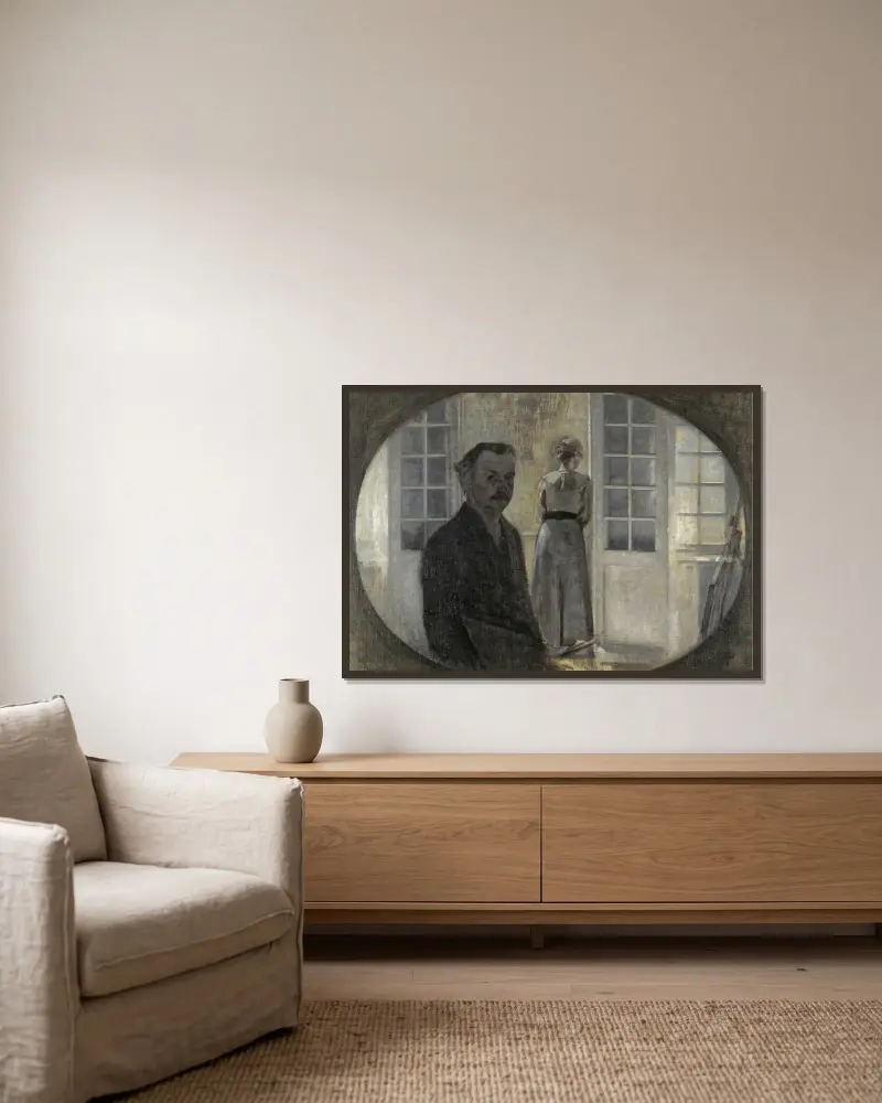 Interiør Med Kunstneren Og Hans Hustru (Double Portrait Of The Artist And His Wife, Seen Through A Mirror) av Vilhelm Hammershøi inramad på en vägg