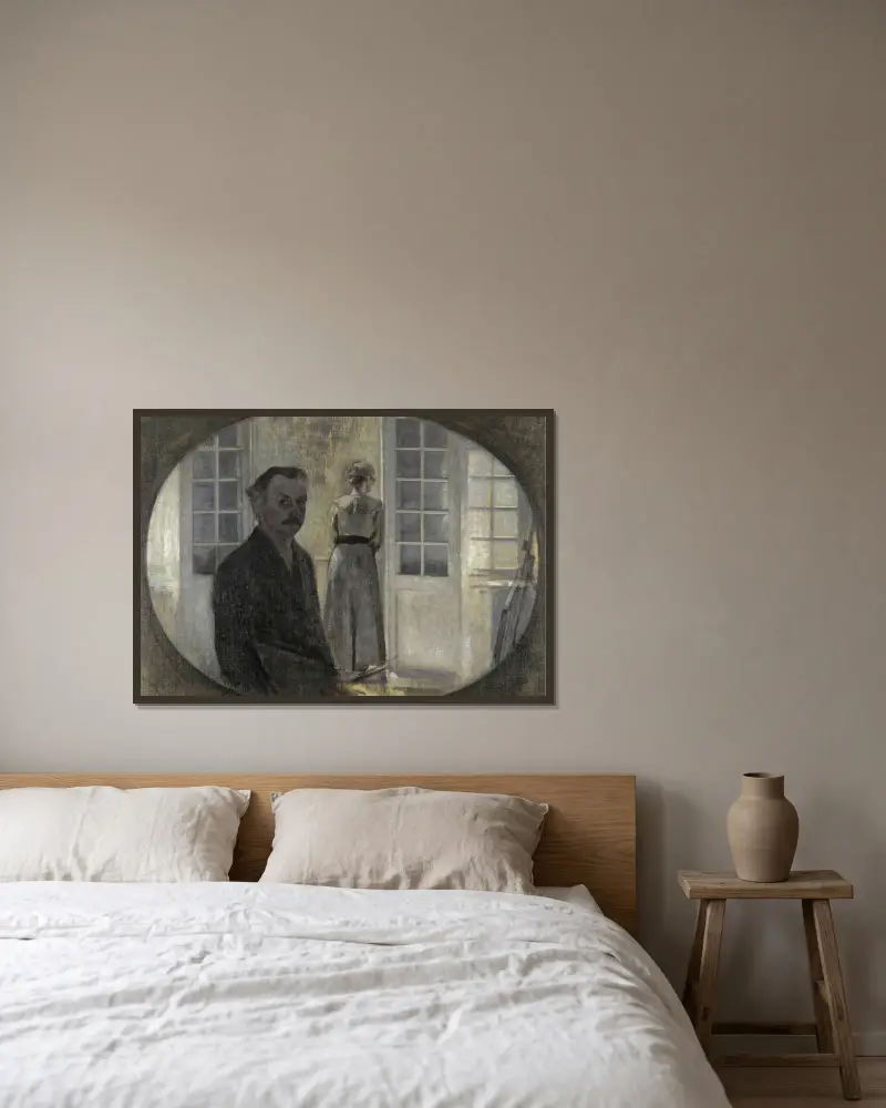 Interiør Med Kunstneren Og Hans Hustru (Double Portrait Of The Artist And His Wife, Seen Through A Mirror) av Vilhelm Hammershøi inramad på en vägg