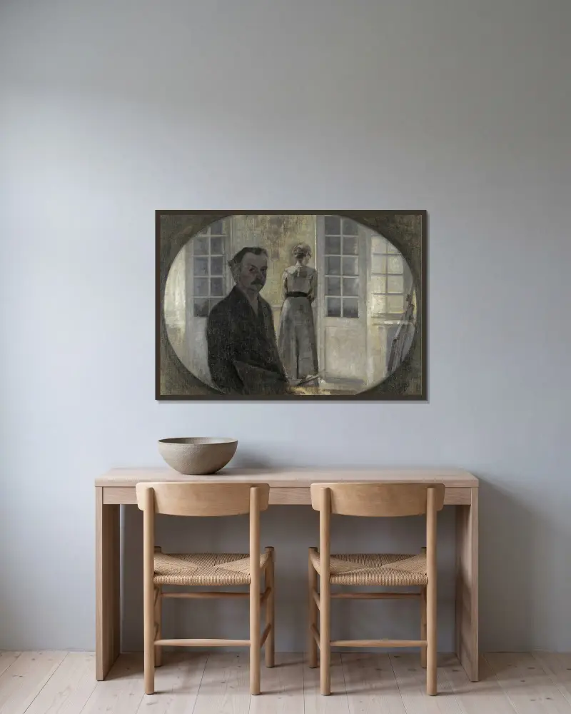 Interiør Med Kunstneren Og Hans Hustru (Double Portrait Of The Artist And His Wife, Seen Through A Mirror) av Vilhelm Hammershøi inramad på en vägg