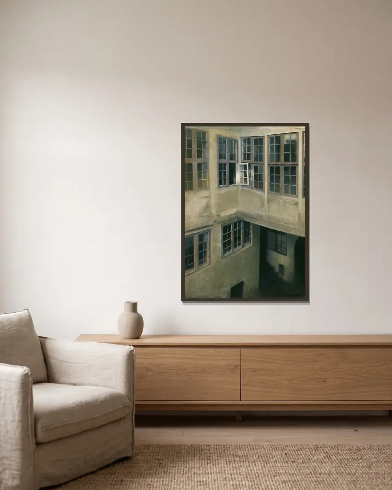 Interior of Courtyard, Strandgade 30 av Vilhelm Hammershøi inramad på en vägg