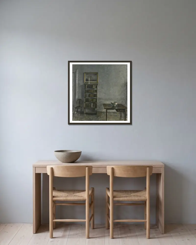 Interior with a table, bookcase and Windsor Chair, 25 Strandgade av Vilhelm Hammershøi inramad på en vägg