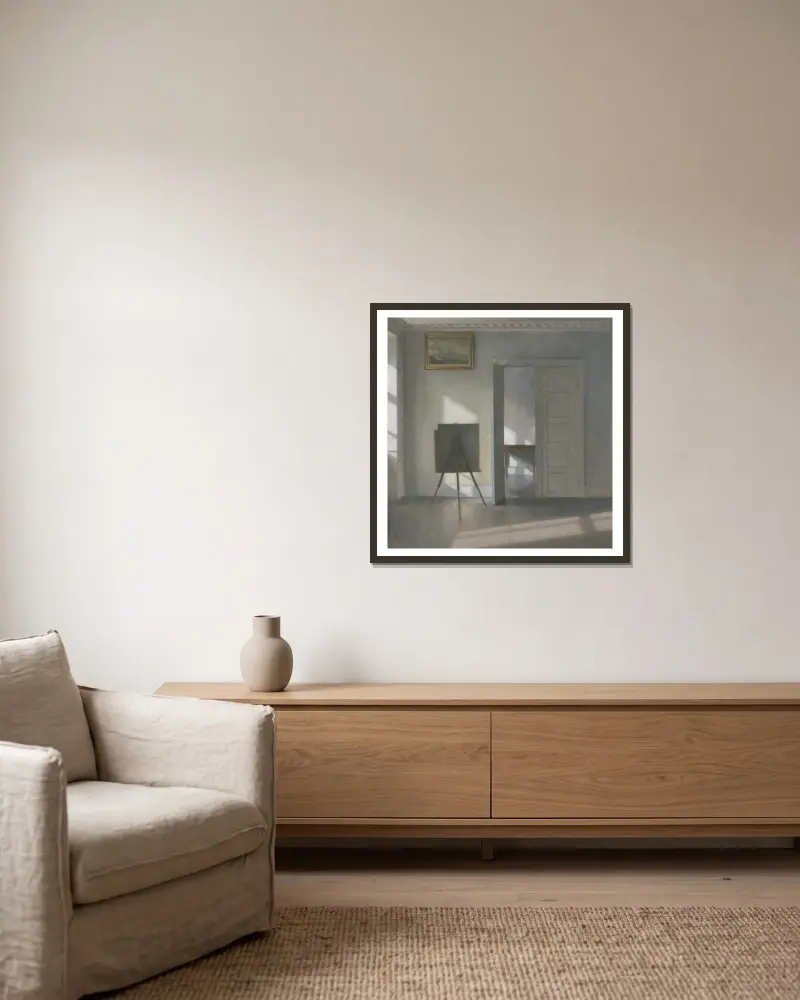 Interior with an Easel, Bredgade 25 av Vilhelm Hammershøi inramad på en vägg