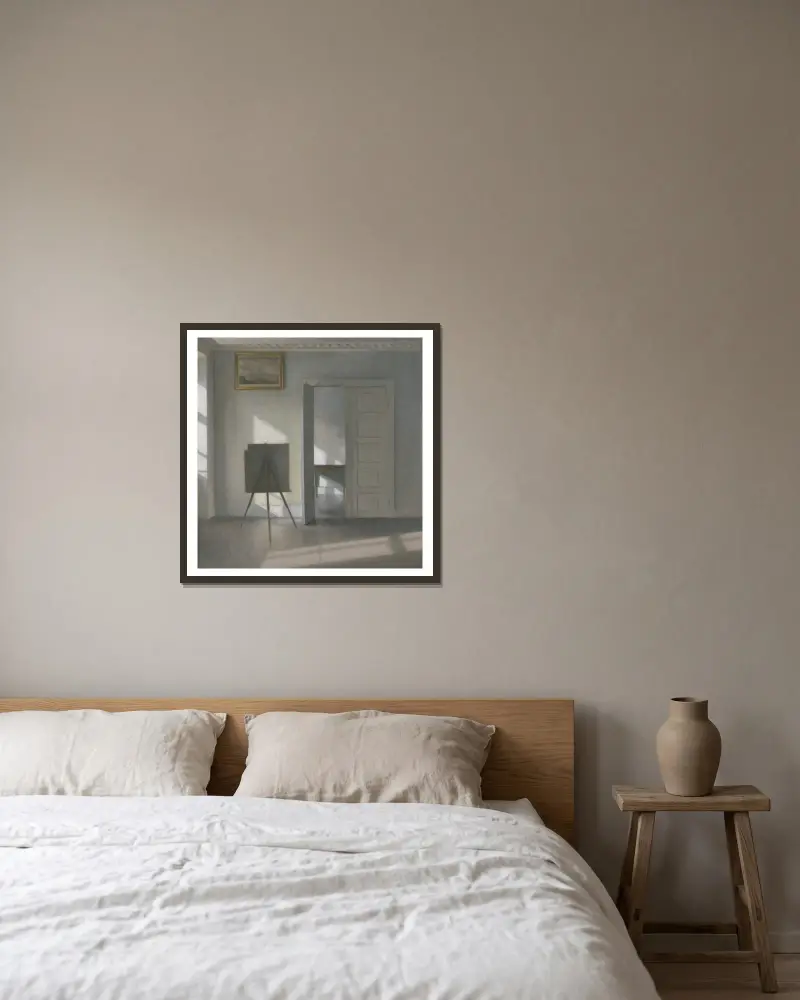 Interior with an Easel, Bredgade 25 av Vilhelm Hammershøi inramad på en vägg