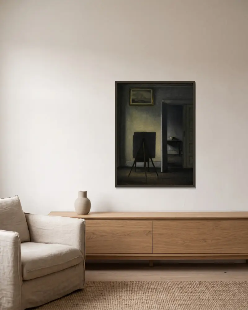 Interior with the Artist’s Easel av Vilhelm Hammershøi inramad på en vägg