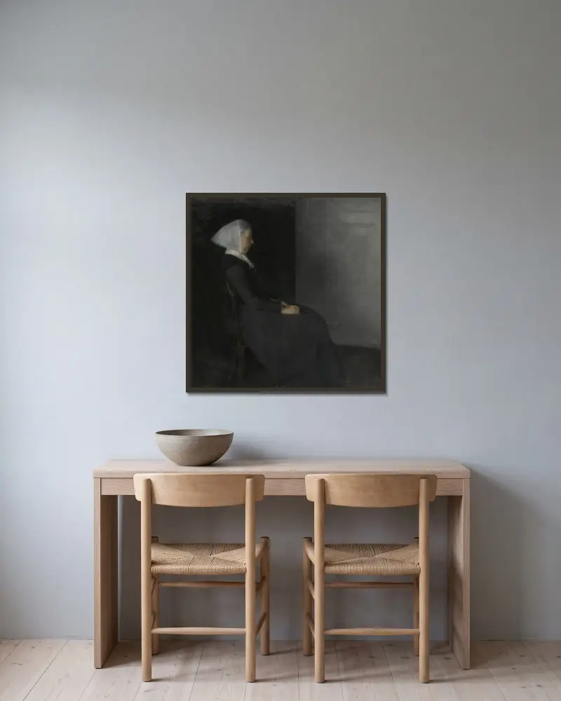 Kunstnerens Moder Frederikke Hammershøi (Portrait Of The Artist’s Mother) av Vilhelm Hammershøi inramad på en vägg