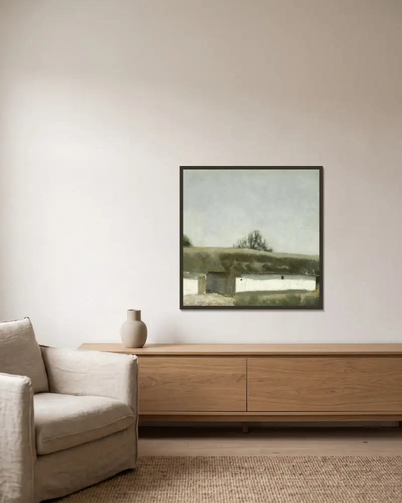 Landskab Med Bondegård (Landscape With Farm) av Vilhelm Hammershøi inramad på en vägg