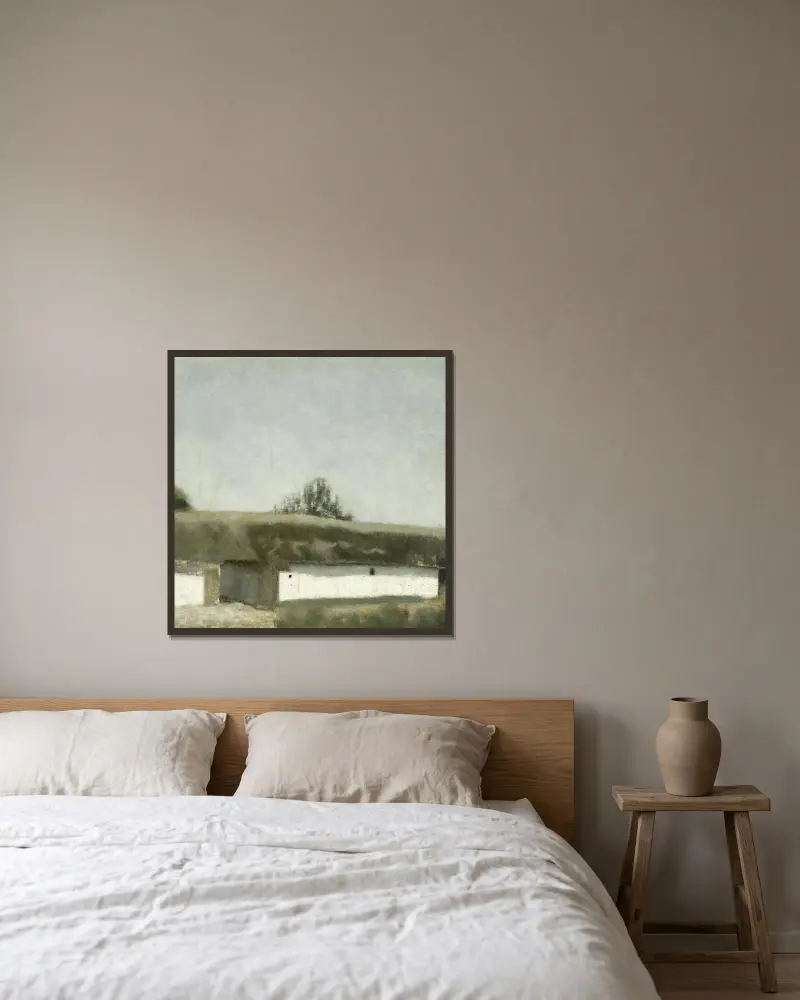 Landskab Med Bondegård (Landscape With Farm) av Vilhelm Hammershøi inramad på en vägg
