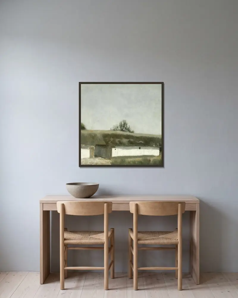 Landskab Med Bondegård (Landscape With Farm) av Vilhelm Hammershøi inramad på en vägg