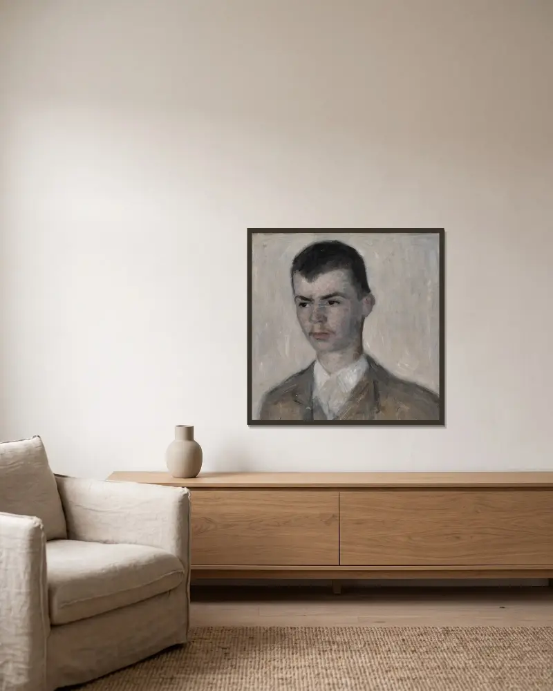 Portræt af kunstnerens bror, Svend Hammershøi av Vilhelm Hammershøi inramad på en vägg