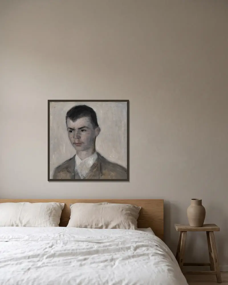 Portræt af kunstnerens bror, Svend Hammershøi av Vilhelm Hammershøi inramad på en vägg