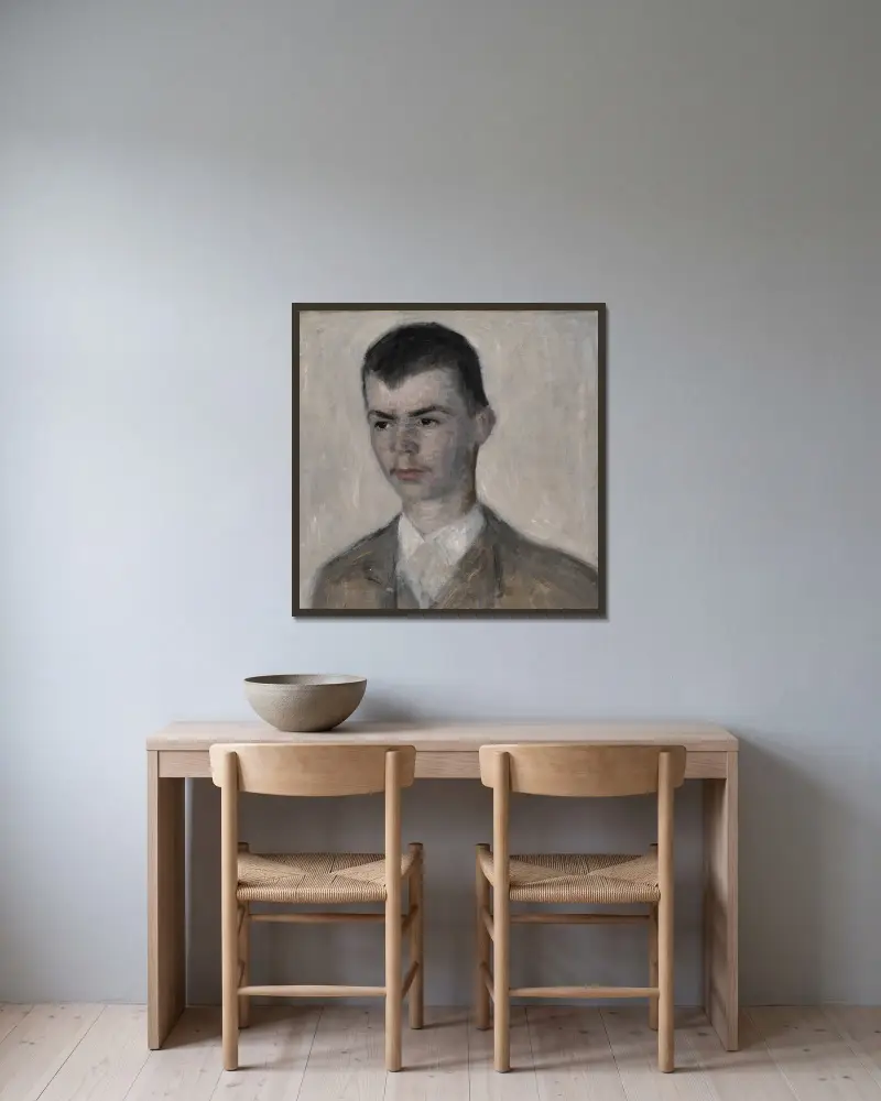 Portræt af kunstnerens bror, Svend Hammershøi av Vilhelm Hammershøi inramad på en vägg