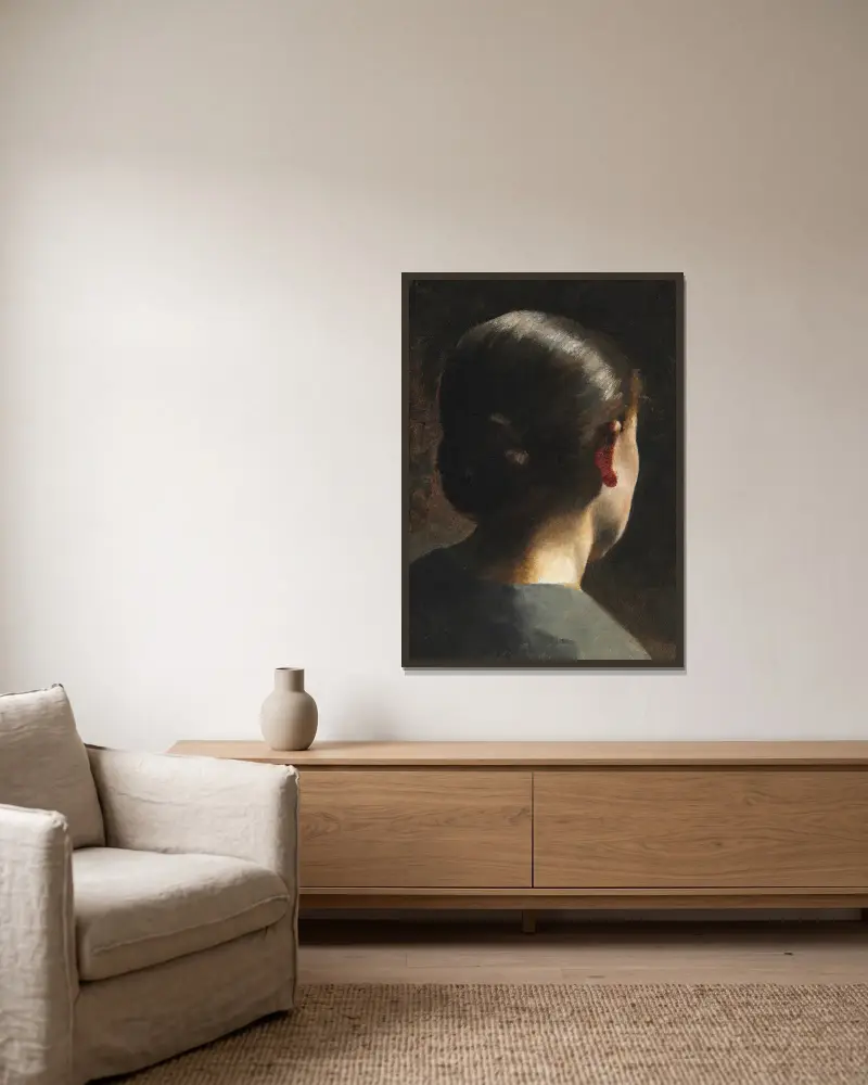 Portræt af kunstnerens søster Anna Hammershøi set bagfra av Vilhelm Hammershøi inramad på en vägg