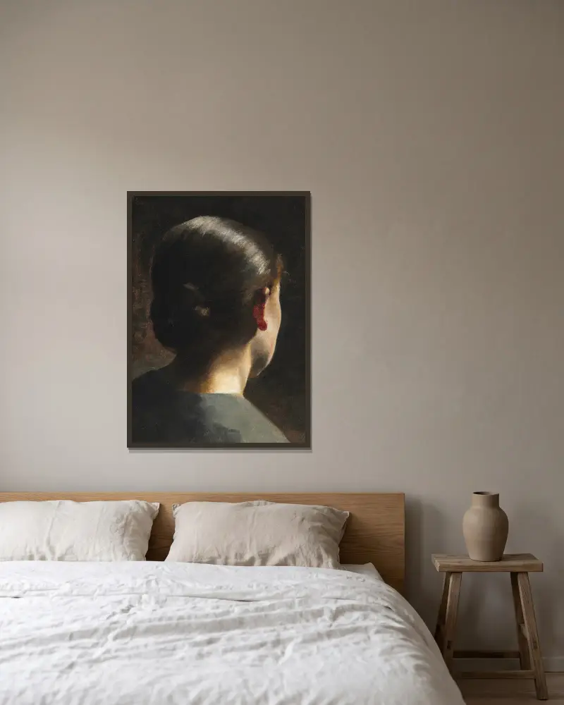 Portræt af kunstnerens søster Anna Hammershøi set bagfra av Vilhelm Hammershøi inramad på en vägg