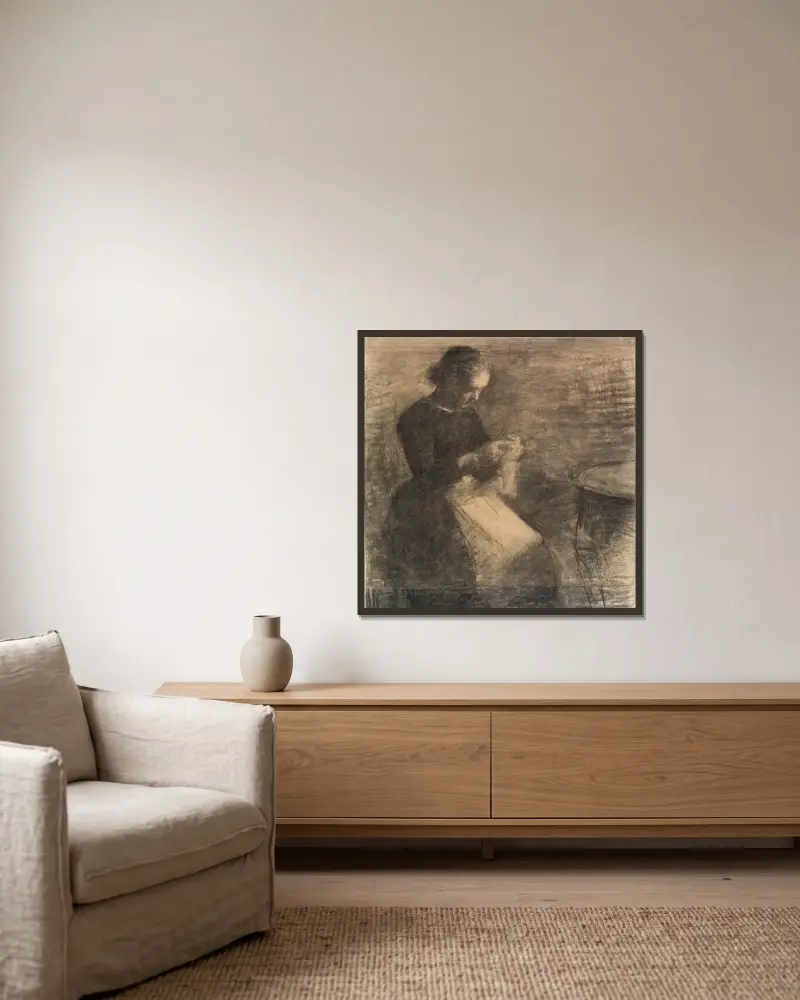 Portrait of Ida Hammershøi with Needlework av Vilhelm Hammershøi inramad på en vägg